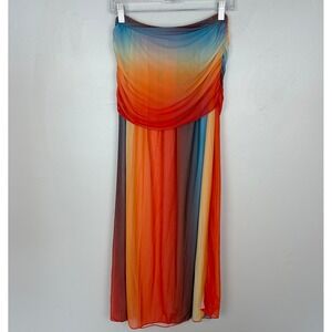 Sunrise Rainbow Sheer Mesh Midi Dress Festival Rave Boho Layering Size Small